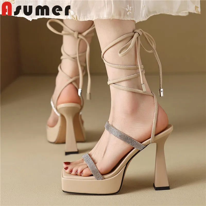 

ASUMER 2024 New Lace Up Cow Suede Sandals Woman Ladies Slingbacks Summer Shoes Thick High Heels Platform Party Sandals