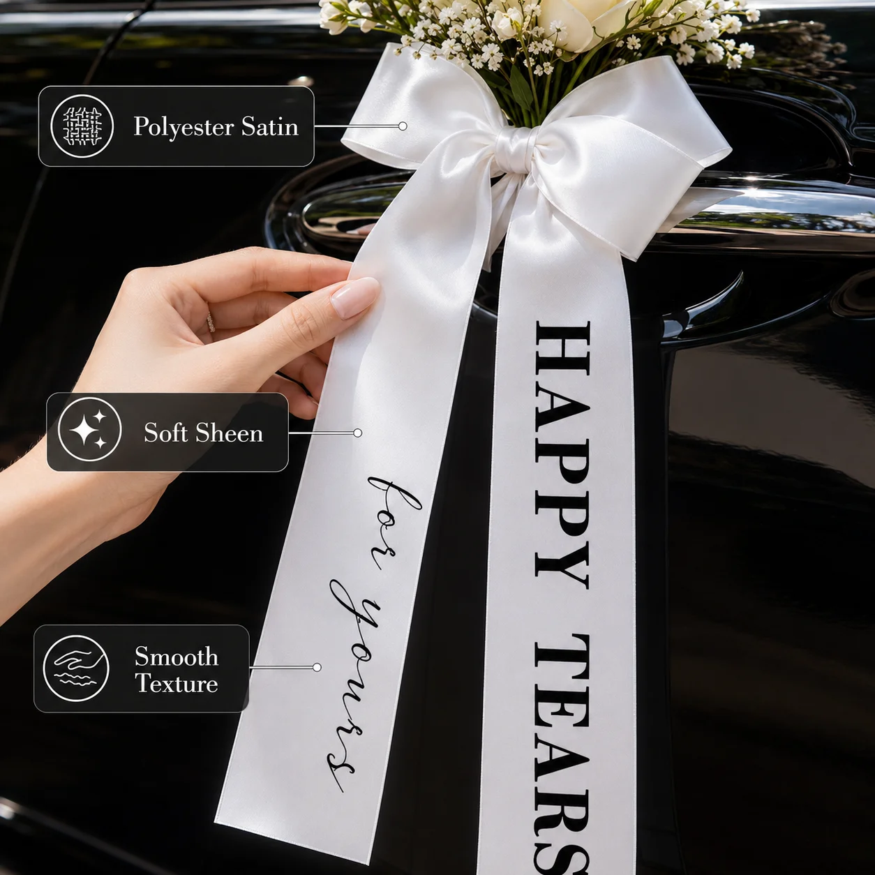 Personalized Wedding Car Ribbon with Custom Text – Elegant Satin Bow Tails for Bridal Decor and Gifts