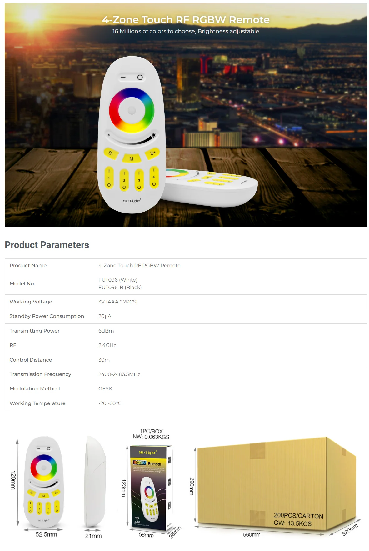 Description Picture 2 of itemMiboxer FUT096 2.4GHzRF 4 Zone Wireless Dimmer Switch Touch Remote for LED Strip Smart RGB/RGBW Bulb/Lamp/Panel/Controller