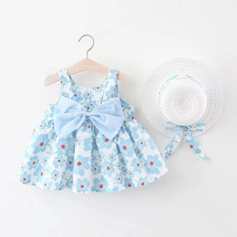 2Pcs Cute Summer Clothes Baby Girl Beach Dresses Casual Fashion Print Cute Bow Flower Princess Dress+Hat Newborn Clothing Set