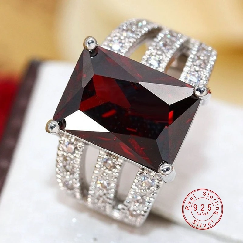 Red AAA Cubic Zircon Rings For Women Genuine 925 Stamp Silver Color Crystal Filled Luxury Hollow Out Ring Jewelry