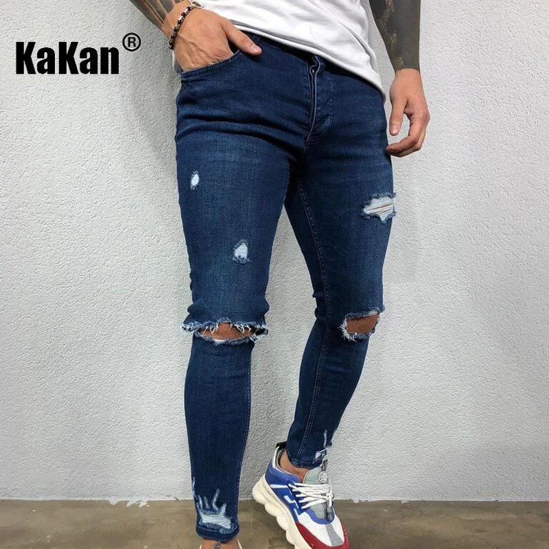 Kakan - High Quality European and American Men's Distressed Elastic Small Leg Jeans with Torn New Dark Blue Black Jeans K01-8812