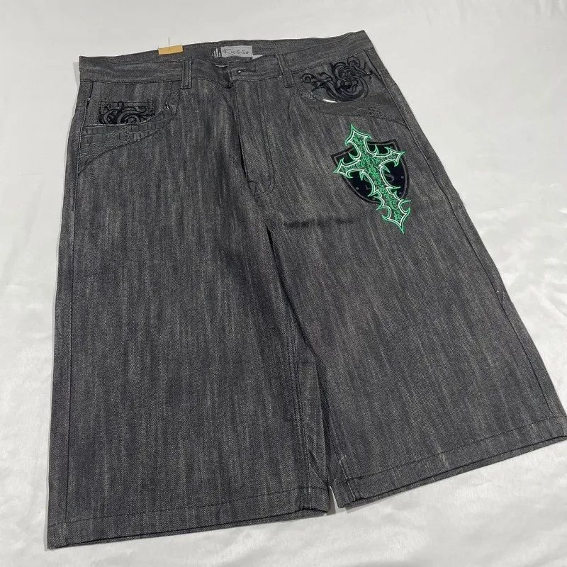 Gothic geometric cross graphic design baggy denim shorts men clothing y2k high street hip-hop popular versatile basketball short
