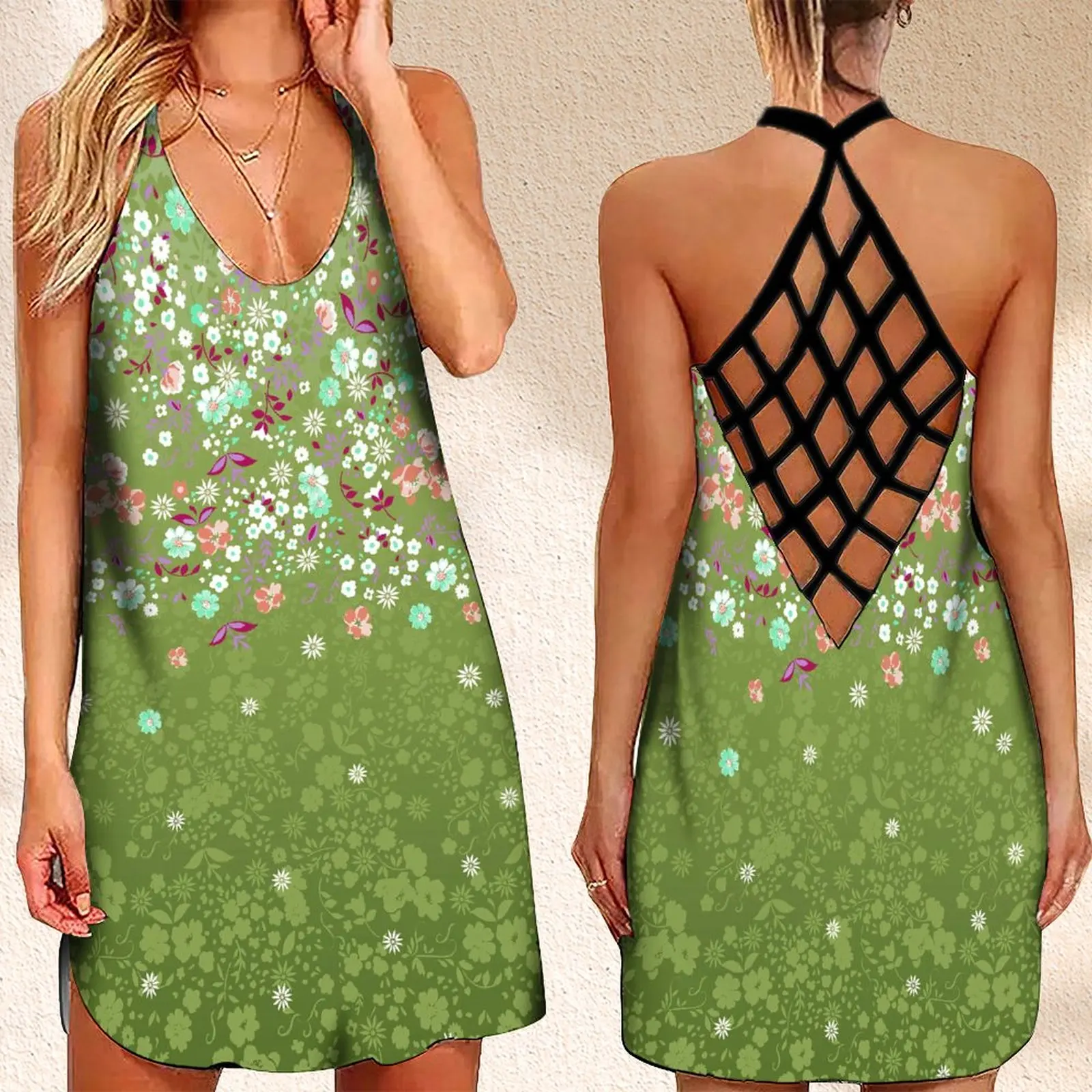 

Fashion Women's Criss Cross Backless Sleeveless Dress Summer Graphic Floral Print Chic And Elegant Woman Dress