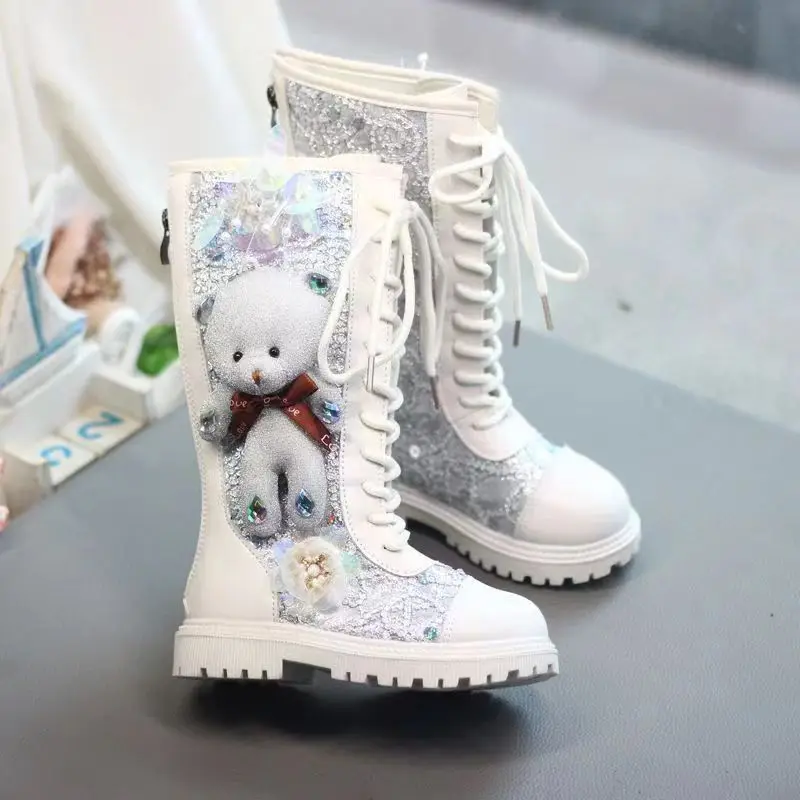 Autumn and Winter New Girls' High Sleeve Boots 2023 Children's Plush Long Boots Girls' Cartoon Sequin Crystal Leather Boots