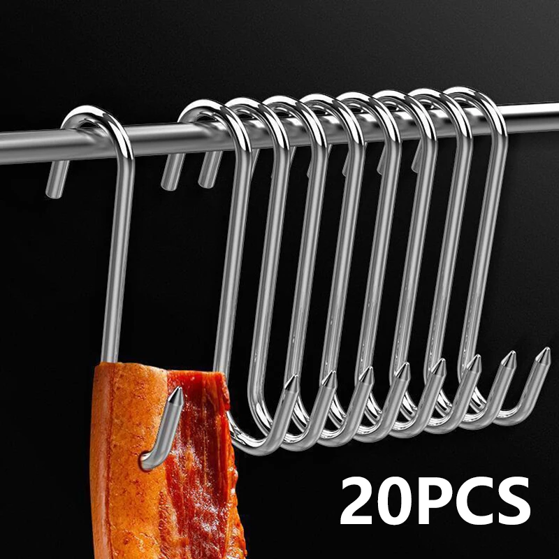 Description Picture 2 of item20PCS Stainless Steel S-shaped Hook Tool Butcher's Meat For Smoking Butchering Hunting Chicken BBQ Pork Sausage Bacon Grill