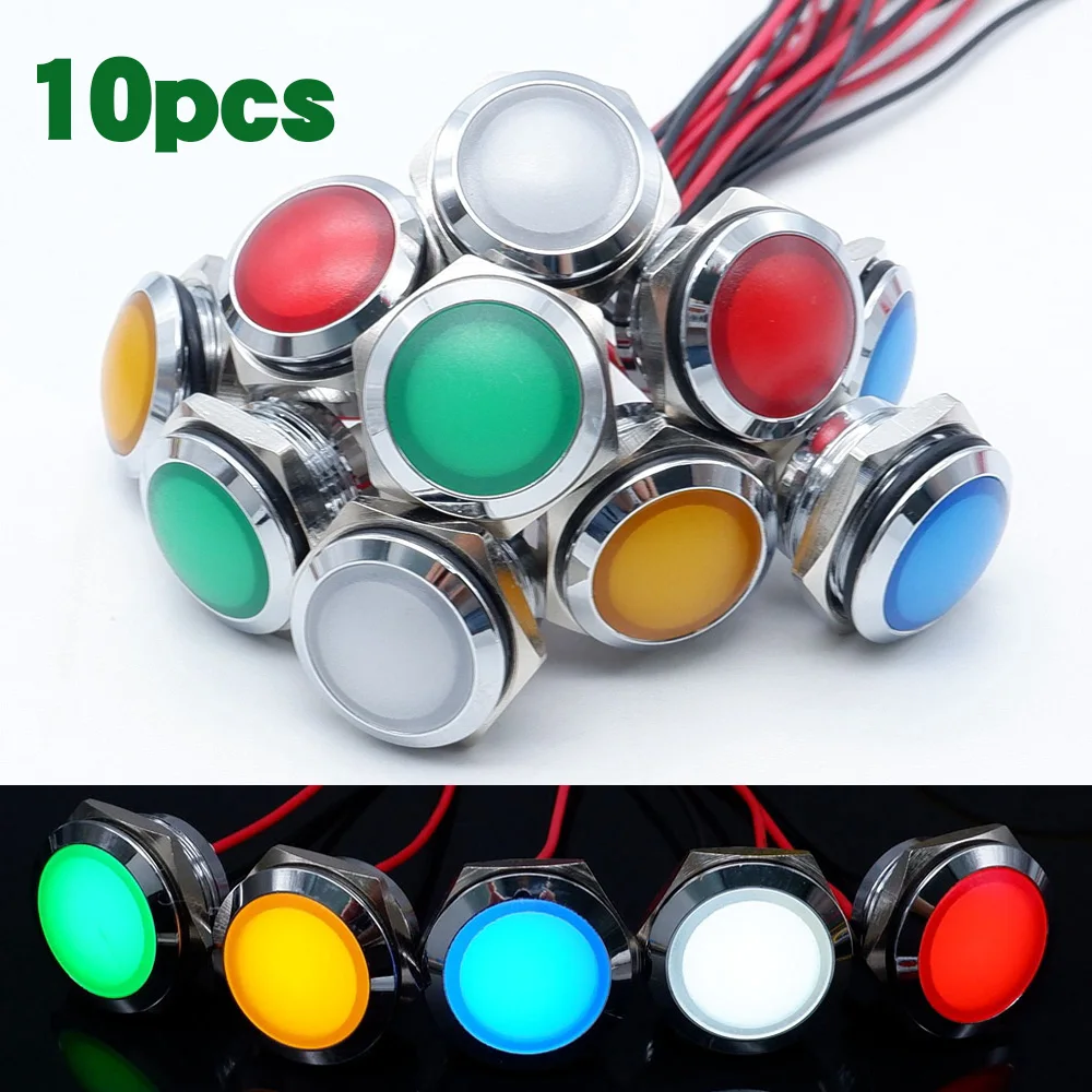 

10pcs 12/16/19/22mm Metal LED Indicator Light Red Orange Blue Green White Panel Mount 5v 12V 24v Waterproof Round Signal Lamp