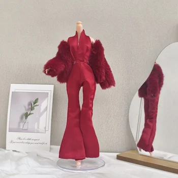 30cm Supermodel Doll Clothes Accessories Fashion Elegant Sexy Red Plush Jacket+Backless Long Pant Set For BJD Doll DIY Dress Up