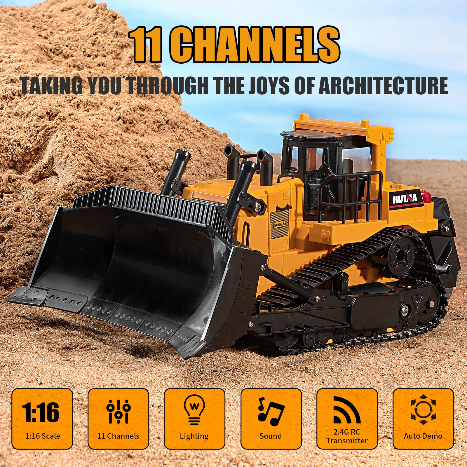 1:16 RC Remote Control Heavy Bulldozer Truck 11CH Automobile Engineering Vehicle 2.4GHZ Automobile Model Toy Boy Children's Gift 3