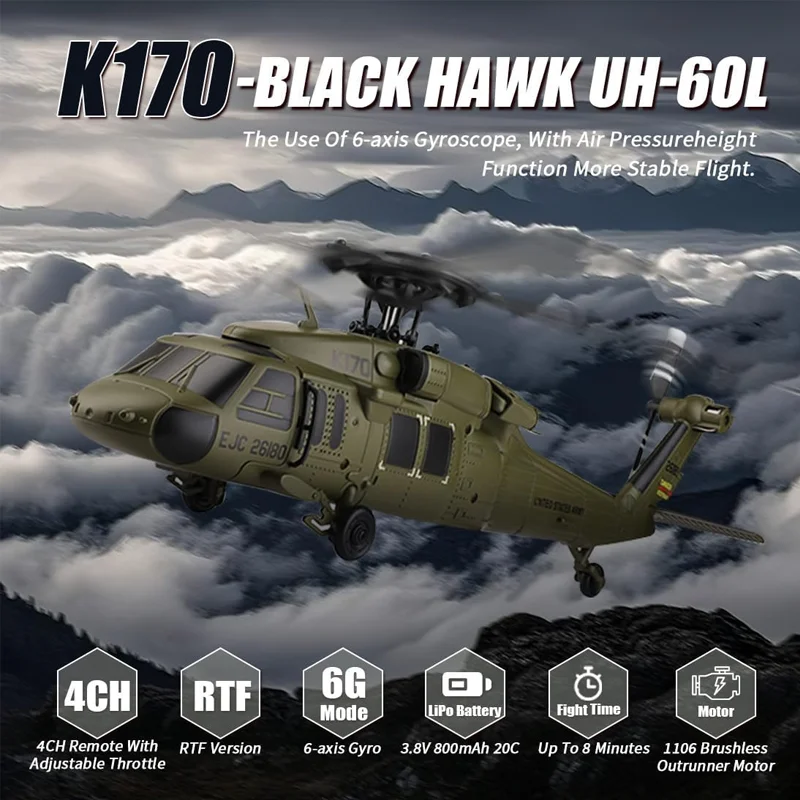 WL K170 Black Hawk RC Helicopter For Adults - 2.4G 4CH Flybarless, 3 Batteries, Indoor/Outdoor Scale Model With Auto Hover