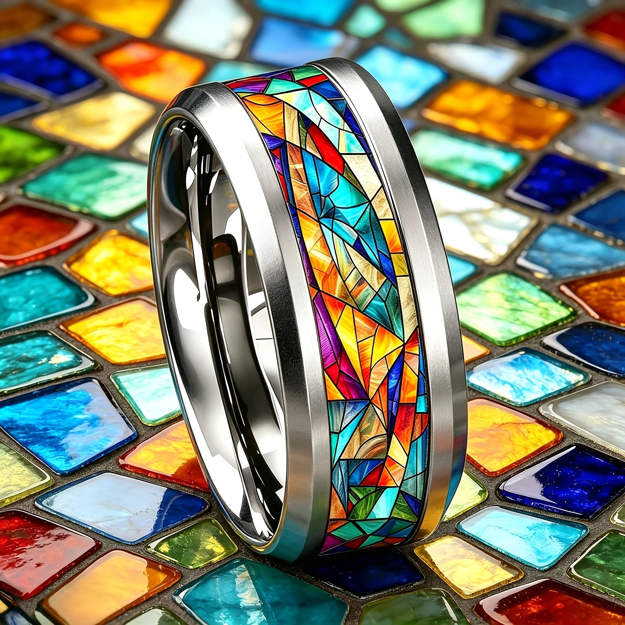 Anello con motivo in vetro colorato scintillante, anelli in acciaio inossidabile stile bohémien per donne, uomini, studenti, fedi nuziali, gioielli, regali - immagine 2