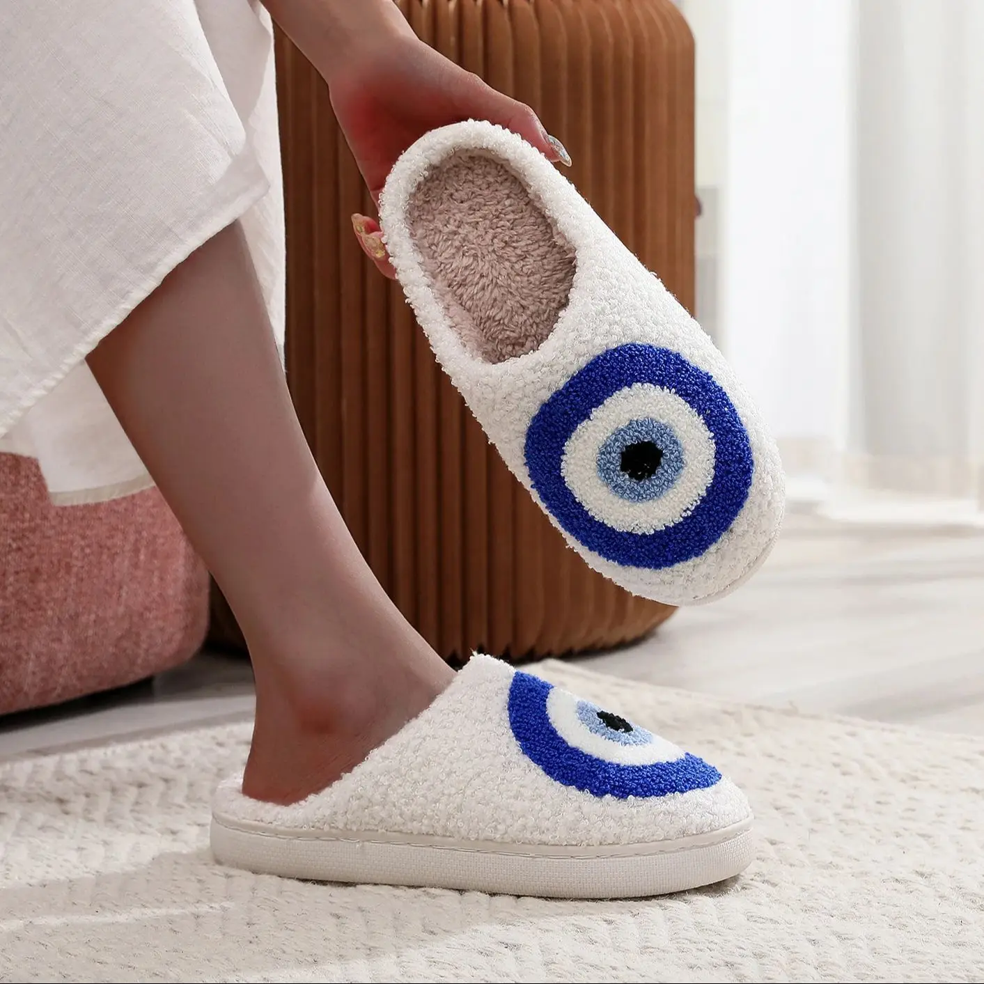 Evil Eyes Pattern Devil's Eye Embroidery stuffed Home Thick Sole plaid Furry Cotton Slippers Cute Warm Non-slip Indoor Slippers Gift Preferred 5