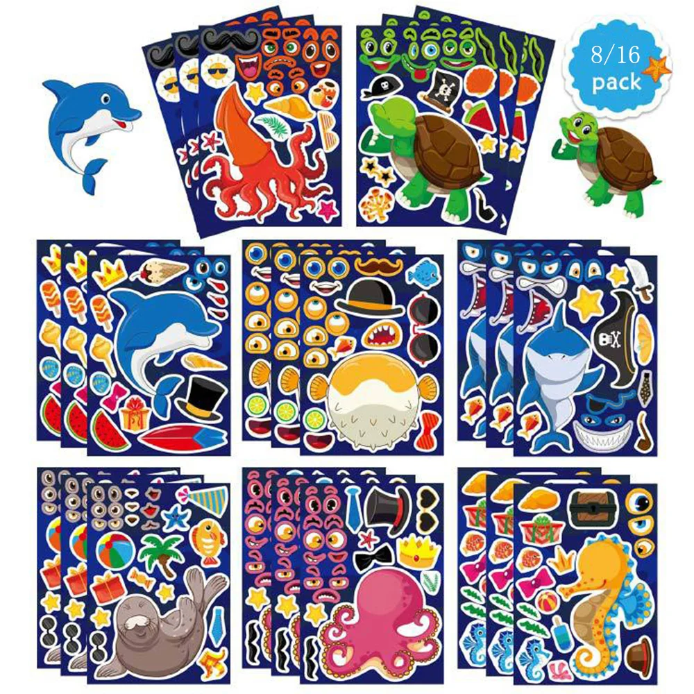 8/16Sheets Cute Marine Animal Dolphin Turtle Puzzle Make-a-Face Stickers Decal Waterproof Kids Education Assemble Jigsaw Sticker