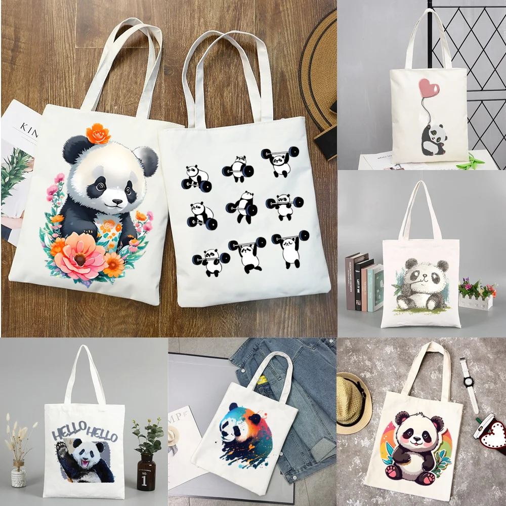 

Милая женская холщовая сумка-шоппер Panda с ручкой, Экологически чистая Складная многоразовая сумка-тоут, сумка-шоппер для книг, ключей, телефона