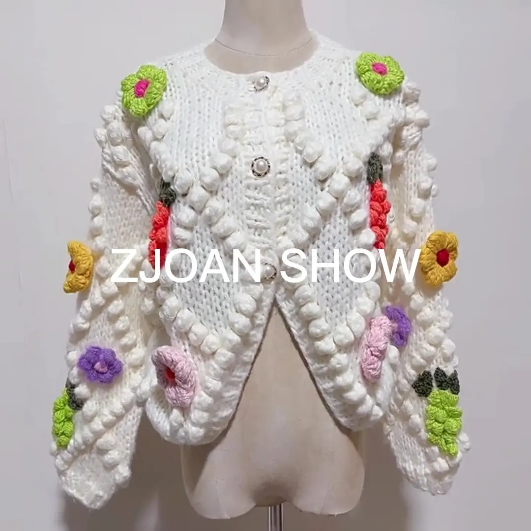 Hakura 3D Flower Ball Hand Made Crochet White Cardigan Lazy