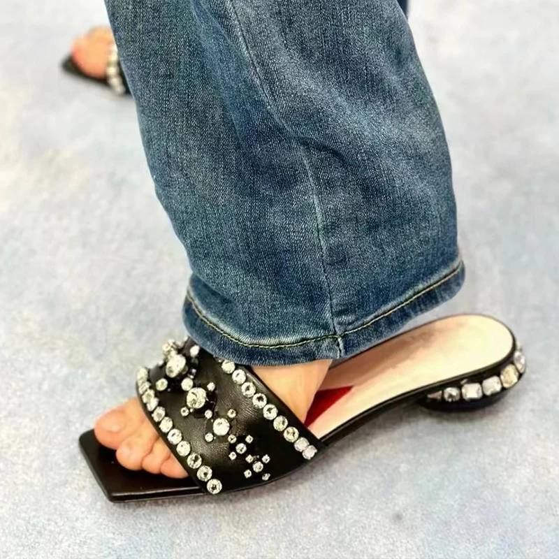 New Designer Luxury Women's Slippers Rhinestone Banquet Shoes Toe Leaking Square Toe Heel 2cm Outdoor Ladies Banquet Shoes