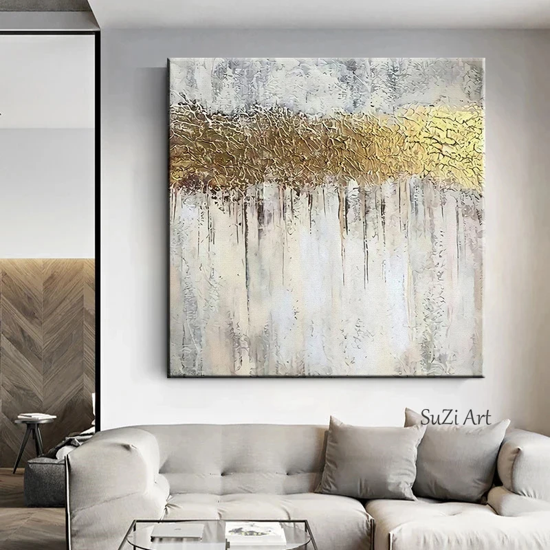 

Hand-painted Abstract Oil Painting On Canvas Texture Golden Foil Sofa Background Wall Art Home Decro Handwork Mural Frameless