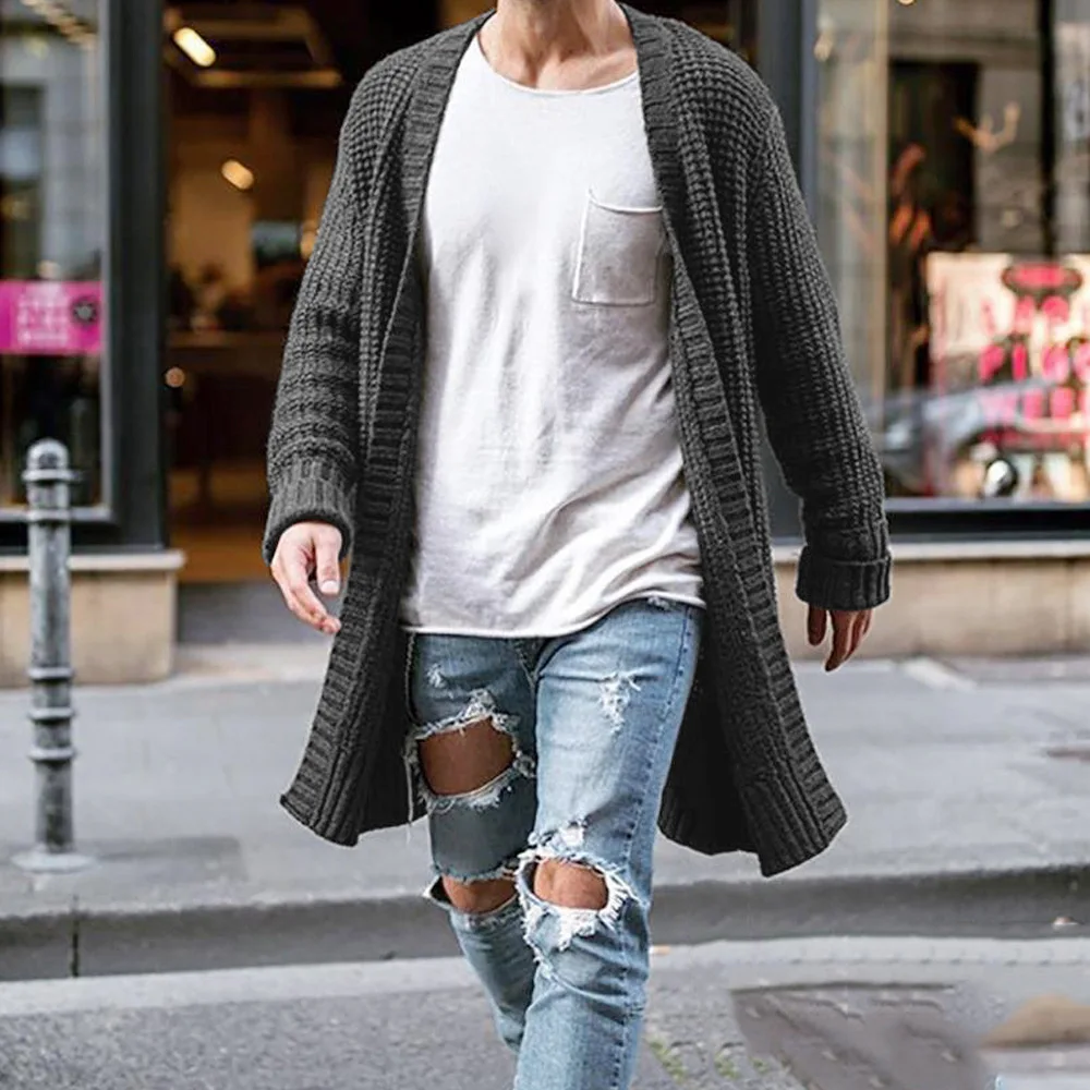 2022 Men Cardigan Long Sweater Male Knitted Solid Sweaters Casual Autumn Winter Coats 5 Colors Loose Men\'s Clothes Size S-2XL