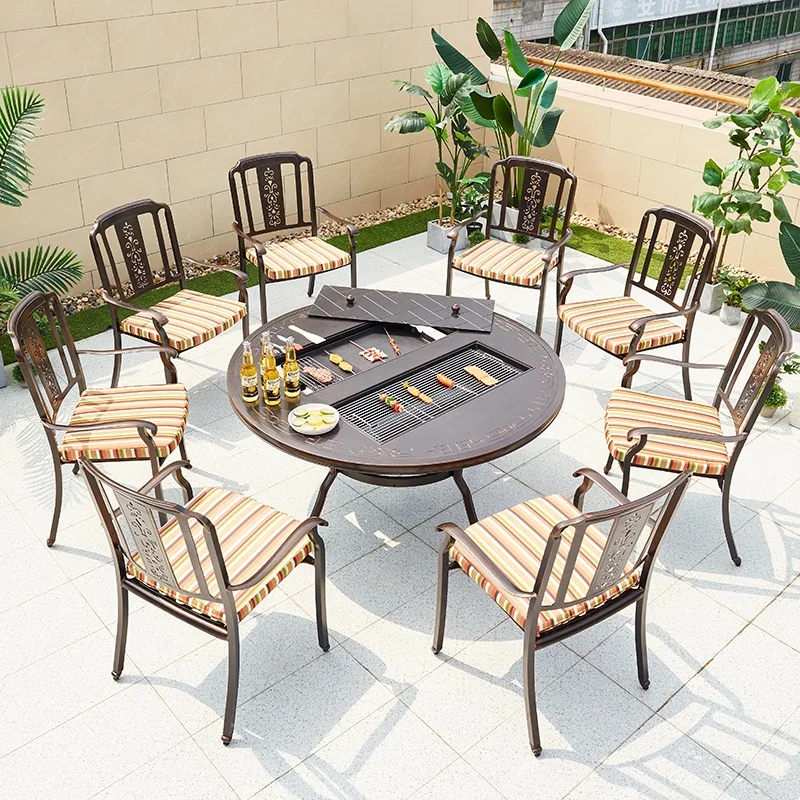 Patio Restaurant Cast Dining Round 8 Person Outdoor Party Furniture Garden Aluminum BBQ Grill Table and Chairs with Cushion