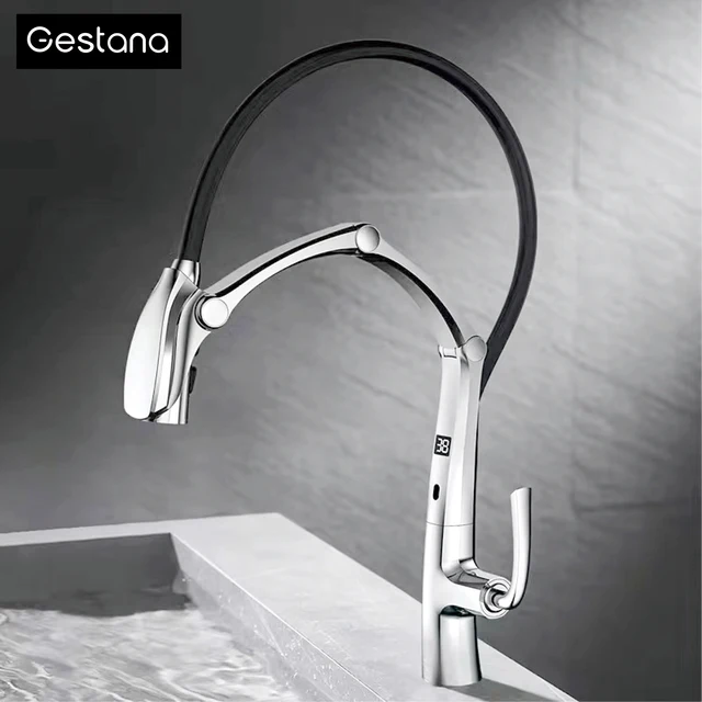 Luxury Gunmetal Brass Kitchen Faucet with LED Display,Sensor&Pull-Out 3-Function Spray,Touchless High Pressure Water-Saving Tap 2