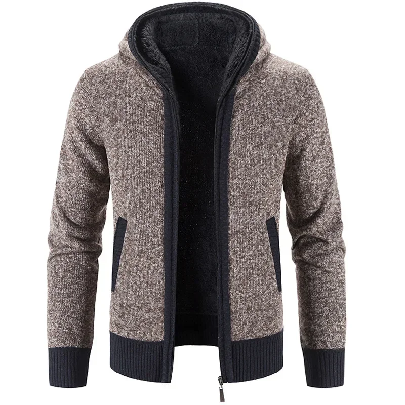 Mens Hooded Cardigan Sweater 2023 Winter New Fleece Thickened in Winter Knitwear Sweaters Coat Jacket Zipper Casual Men Clothing