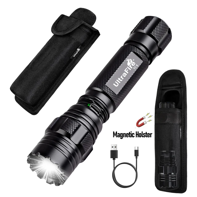 פנס טקטי UltraFire T1X עם נרתיק חגורה מגנטי 3 מצבים פנס משטרה נטען USB C 1200 לומן לקמפינג חירום 1