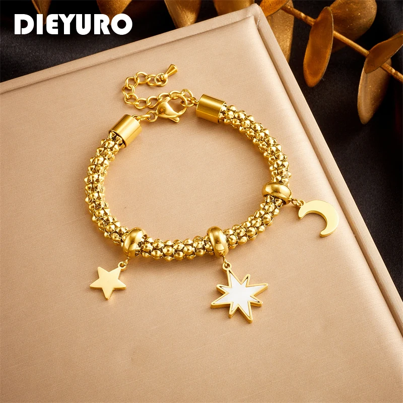

DIEYURO 316L Stainless Steel Stars Moon Charm Bracelet For Women Girl Fashion New Gold Color Jewelry Lady Gift Party pulseras