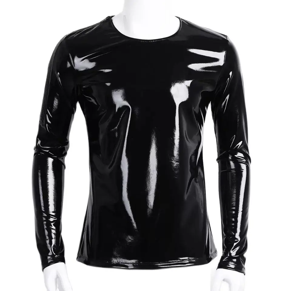 

Men's PVC shiny patent leather coat sexy slim sweatershirt Stage costume