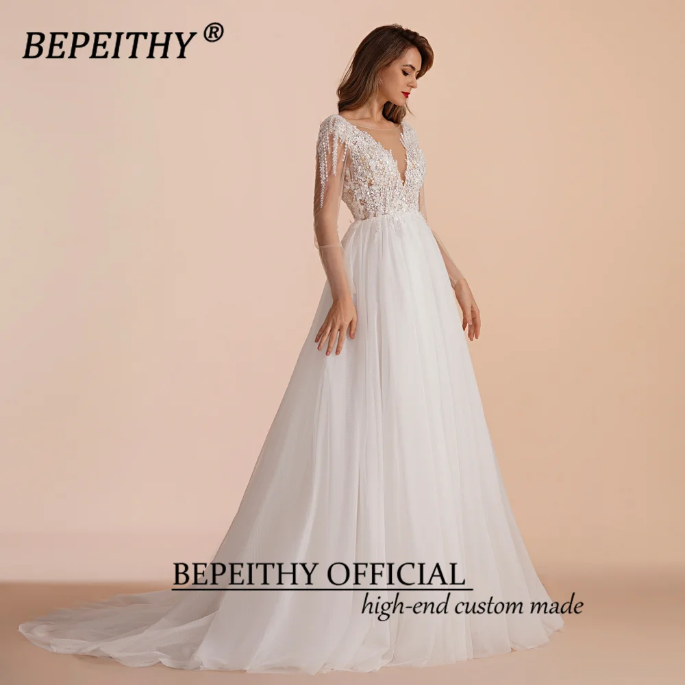 BEPEITHY Customized Scoop Long Sleeves Beading Bodice Wedding Dresses 2023 For Women Bride A Line Floor Length Bridal Party Gown 3