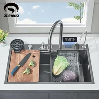 Shinesia 304 Stainless Steel Kitchen Sink Digital Display Large Single Sink Dish Basin Sink With Multifunction Waterfall Faucet 1