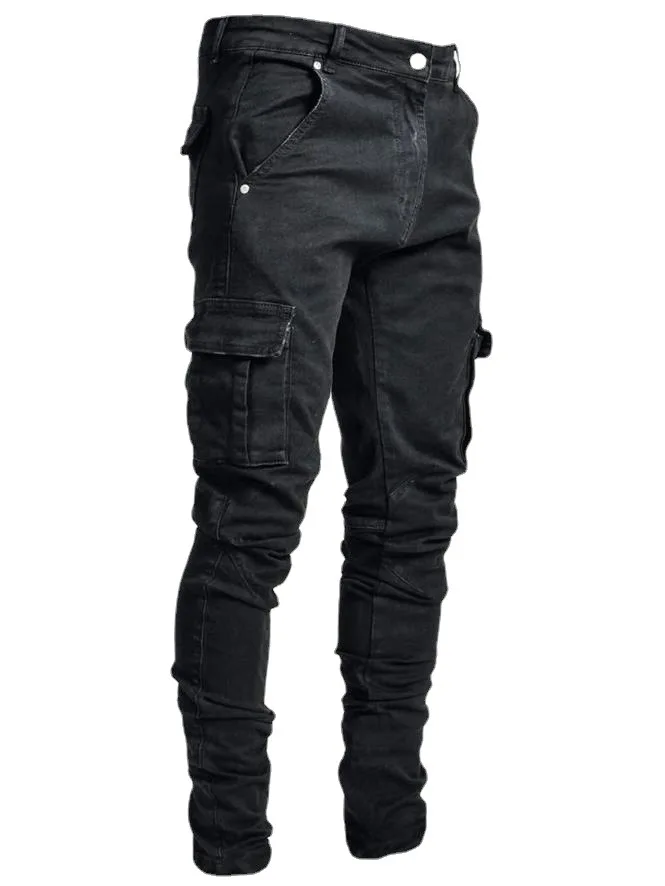 Jeans Men Pants Wash Solid Color Multi Pockets Denim Mid Waist Cargo Jeans Plus Size Fahsion Casual Trousers Male Daily Wear
