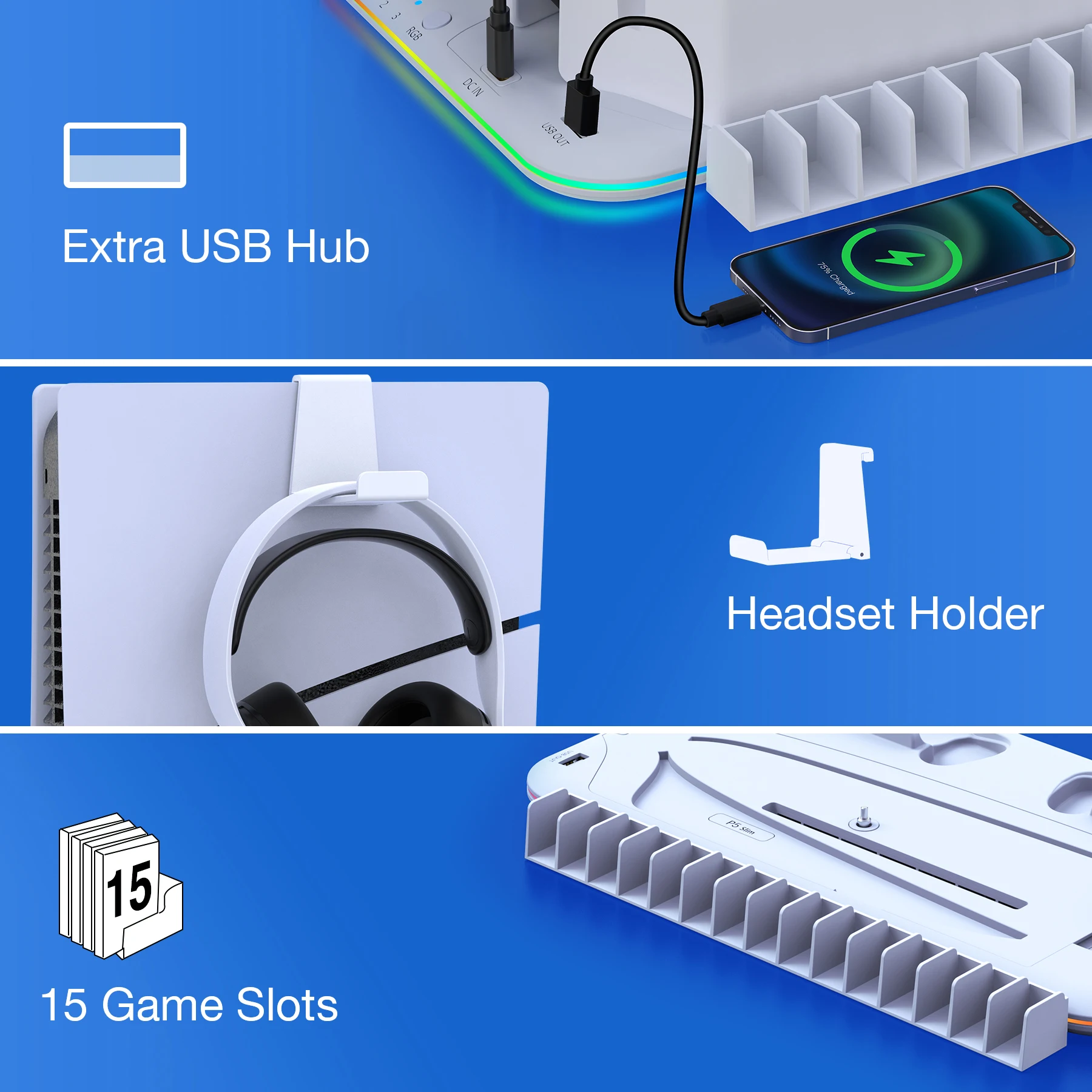 For PS5 Slim Cooling Stand with RGB Light Fan For PS5 Console Disc&Digital Editions PS5 Controller Dual Controller Charging Dock