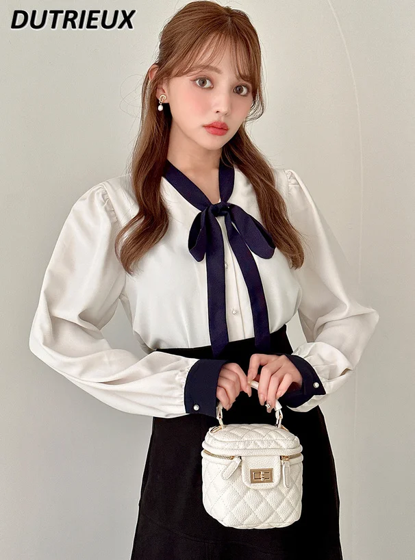 

Women's Top Spring Autumn New 2024 Japanese Style Sweet Cute Fashion Casual Shirt Contrast Color Bow Tie Elegant Blouse Female