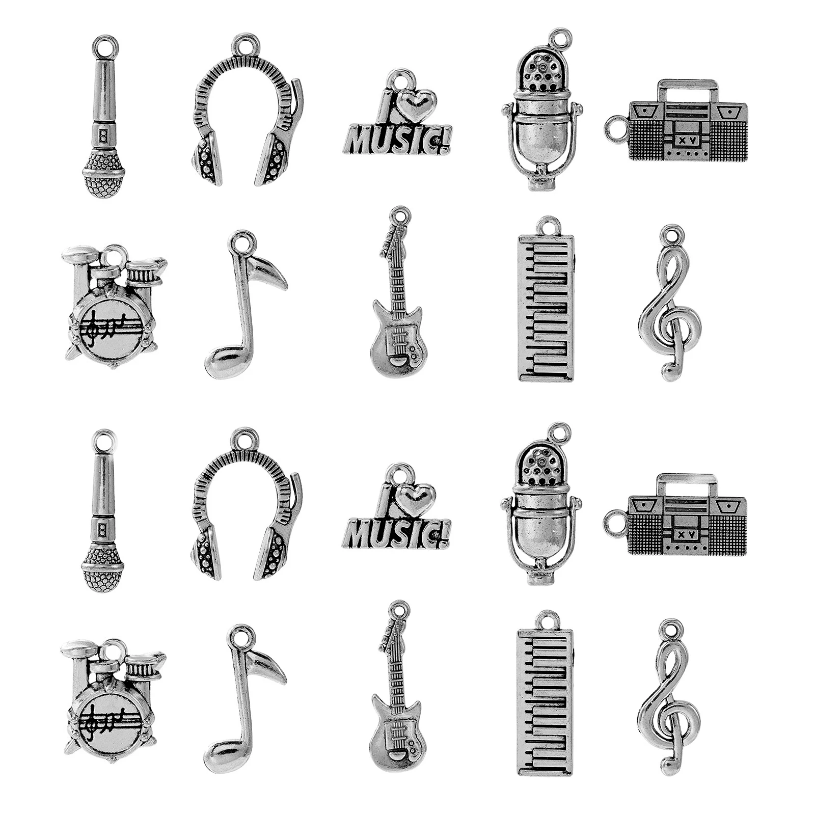 100Pcs 10 Styles Concert Theme Charms Tibetan Musical Instrument Charms Music Sign Guitar Charms for Jewelry Making Crafting