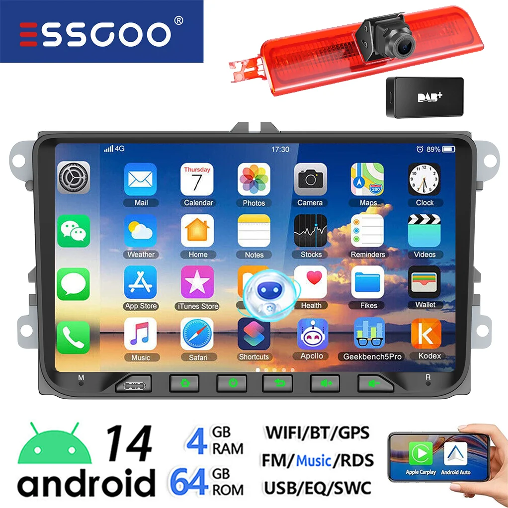 ESSGOO Android 14 Autoradio 7/9" CarPlay Android Auto GPS Navigation für VW Caddy Life 2K Facelift Cross Maxi - Mit Rückfahrkamera, Bremslicht, Wasserdicht, FM WiFi RDS Bluetooth Lenkradfernbedienung Mirror Link