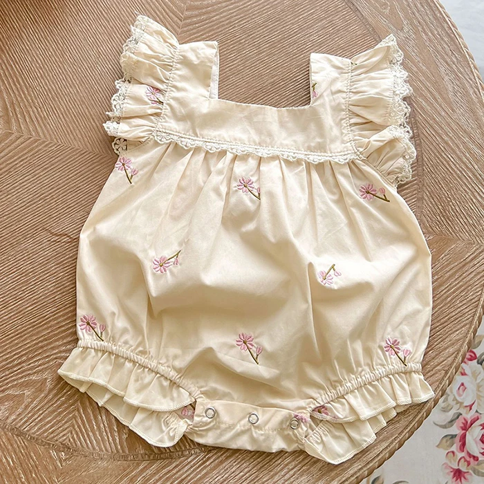 Baby Bodysuits made from viscose  Newborn Baby Girls Jumpsuit Flying Sleeve Cotton Flower Embroidery Toddler Baby Girl Bodysuits Baby Girls Clothes For Summer Cotton baby suit