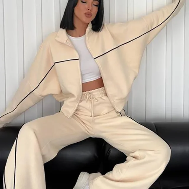 Fjedly-Ensembles de survêtement rayés pour femmes, cardigan décontracté, pantalon à manches longues, sport, imbibé, proximité féminine, entraînement Wstring, 2 pièces 1
