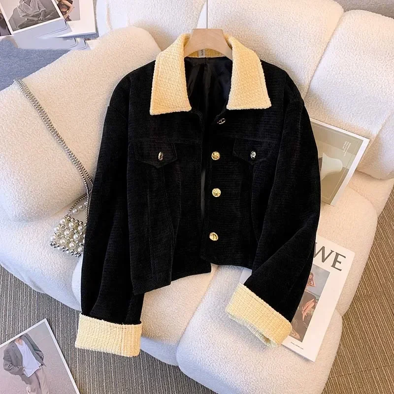 

Sandro Rivers Black Corduroy Patchwork Short Jacket For Women's Autumn And Winter New French Slim Jacket Long sleeved Top