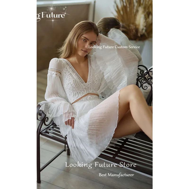 Exquisite Ivory Lace A-Line Mini Wedding Dress Sexy Deep V-Neck Long Sleeves Pleat Open Back Chiffon Short Dress Gown Customized 12 S33e41cda3c124d919c0599976f934f2bS