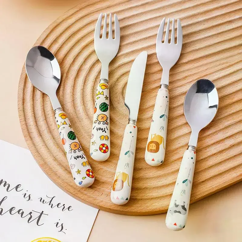 Tableware Cartoon Kids Spoon and Fork Set Dessert Spoon for Children Fork Baby Gadgets Feeding Children's Cutlery for Kids silicone cutlery set fork spoon set baby cutlery