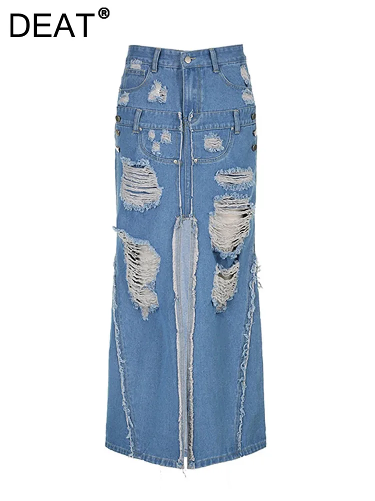 

DEAT Women's Denim Skirt High Waist Broken Holes Tassel Patchwork Split Ankle-length Skirts 2024 Spring New Fashion 7AB2443