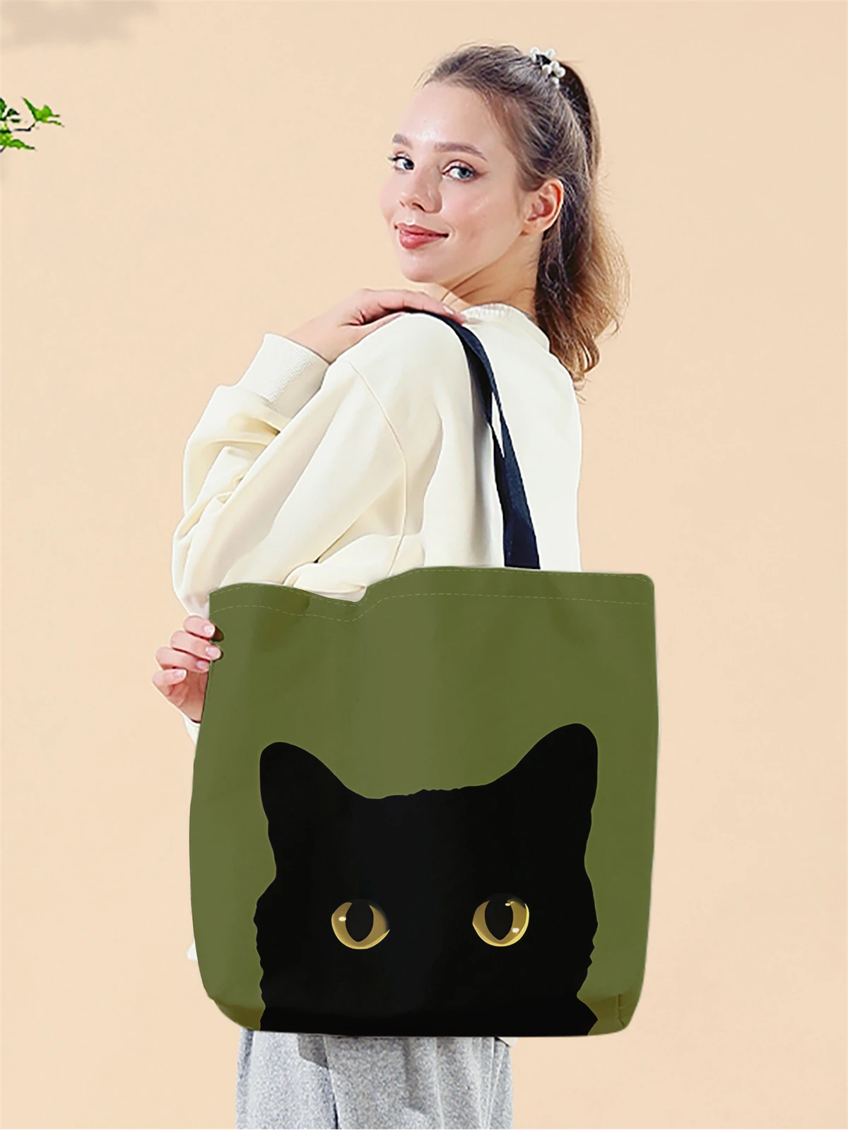 1pc,cartoon cat head handbag, reusable fashionable handbag, multifunctional handbag, printed canvas shopping bag