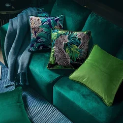 Cushion cover with tropical plants and palm leaves Design, velvet cushion cover with tassels, animal pattern, leopard, Bird, Gre