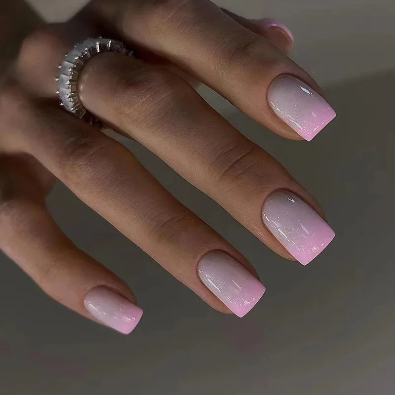 Roze Eenvoudige 24 Stuks Gradiënt Nep Nagels Met Lijm Vierkante Kop Kunstnagels Wearable Druk Op Nagels Volledige Dekking Nai_voghion.com