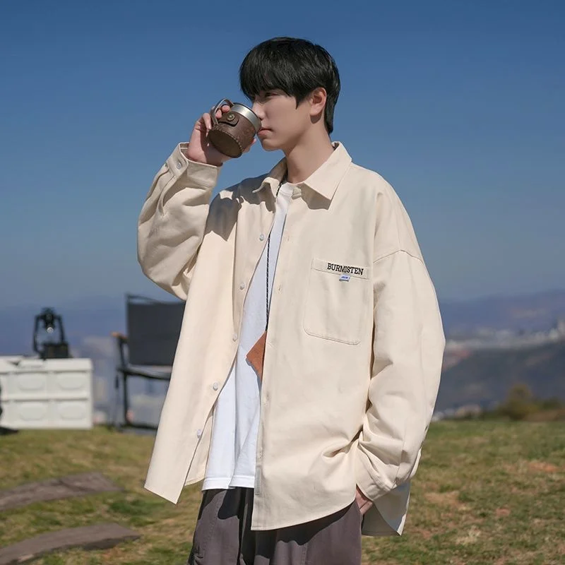 

Men's Single-breasted Retro Long-sleeved Shirt Spring Turndown Collar Buttons Pocket Letter Loose Casual Shirts Thin Coat Tops