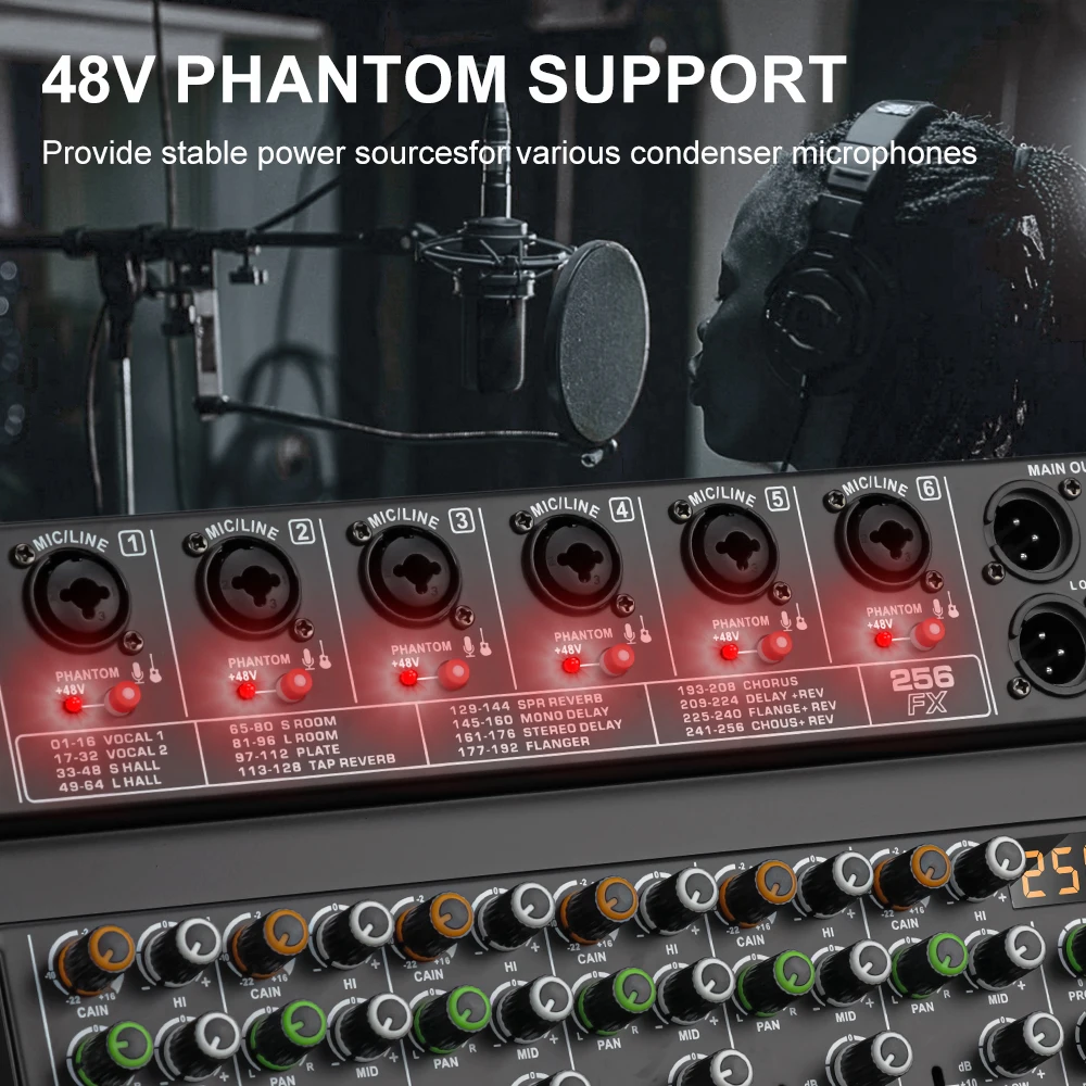 Audio Mixer LEUS AU6 Channel 256 DSP Effect Audio Mixer Record PC 48V Phantom Power USB Sound Mixers Bluetooth DJ Console Mixing for Karaok