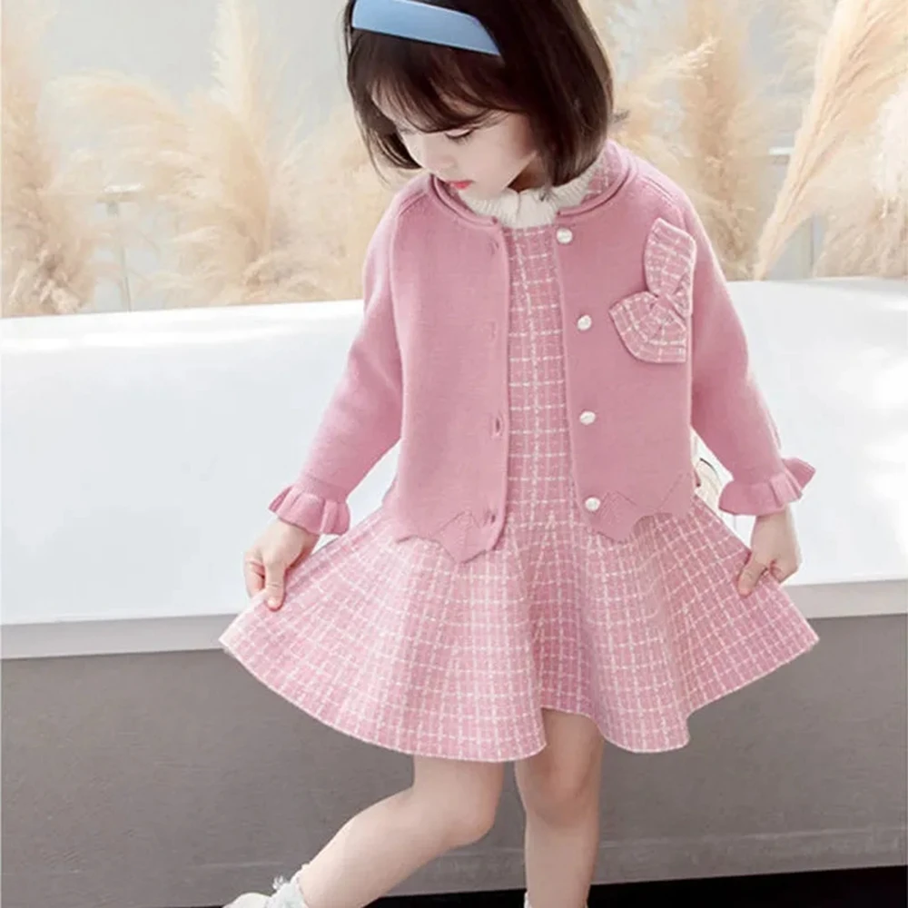 

Kids 2 Pieces Sweater Outfits for Girls Cardigans and Sleeveless Sweater Dress Toddler Baby Clothing Sets Infant Knit Coat Dress