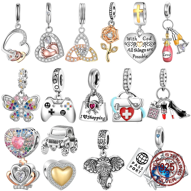 

925 Sterling Silver Game controller Key footprint Crown of the cross pendant beads Charm Fit Original Pandora Bracelet Jewelry