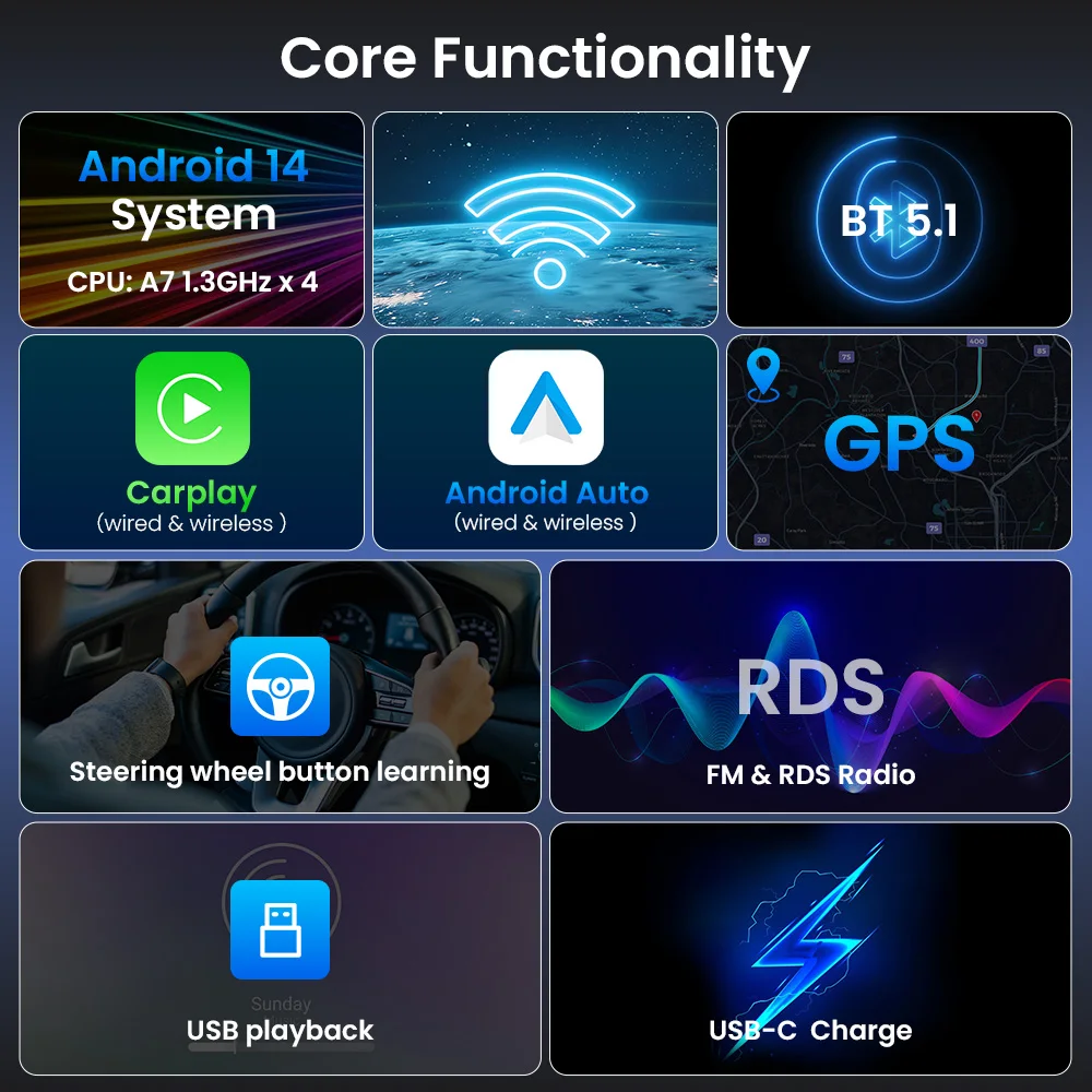 Radio para Auto GEARELEC con Android 14, 1 Din, Carplay, Android Auto, Pantalla Retráctil IPS de 7 Pulgadas, Reproductor Multimedia Universal para Auto, Navegación GPS, Bluetooth, FM, RDS, Estéreo para Auto 2