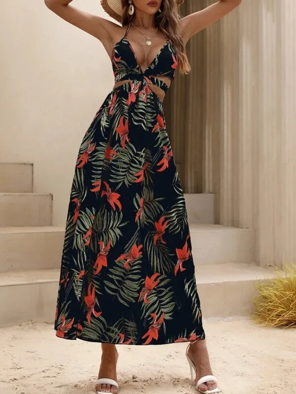 Print Halter Neck Slit Dresses Women Sexy Deep V-neck Hollow Out Backless Bowknot Leace-up Long Dress Female Streetwear Vestidos 24 undefined